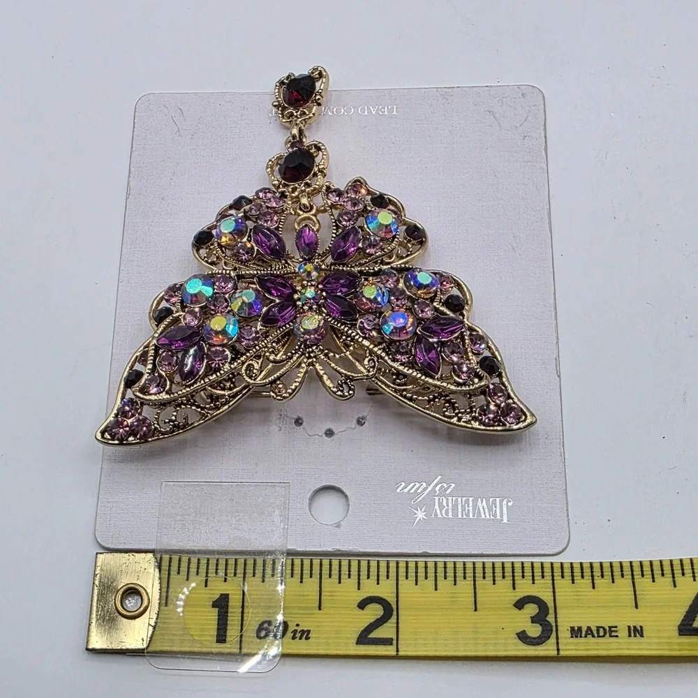 Jewelry is Fun Butterfly Brooch Rhinestone Enamel Gold Tone Purple‎ New Glam